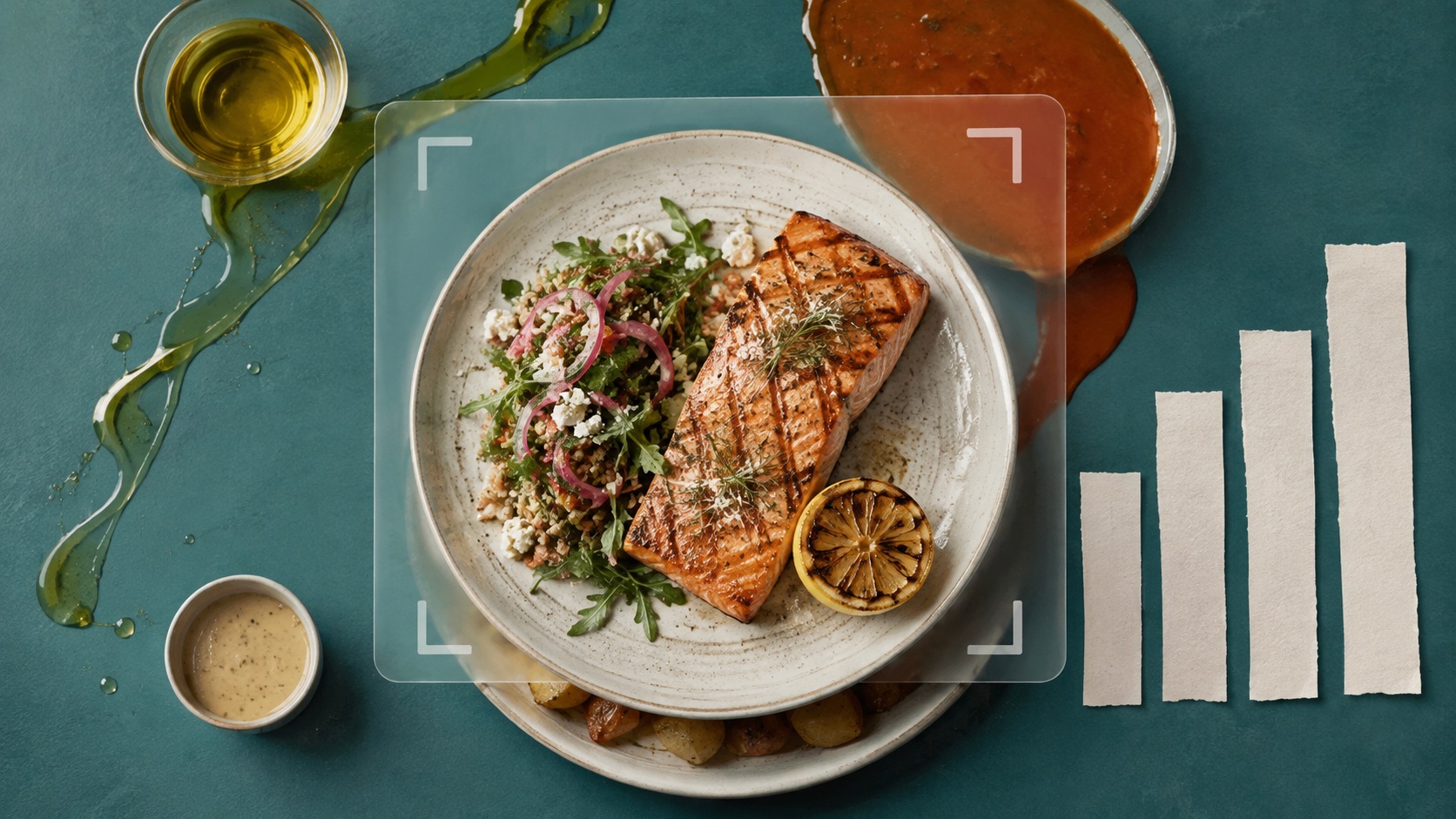 A meal inside a phone-camera frame while oil, dressing and portion depth remain outside the visible estimate.