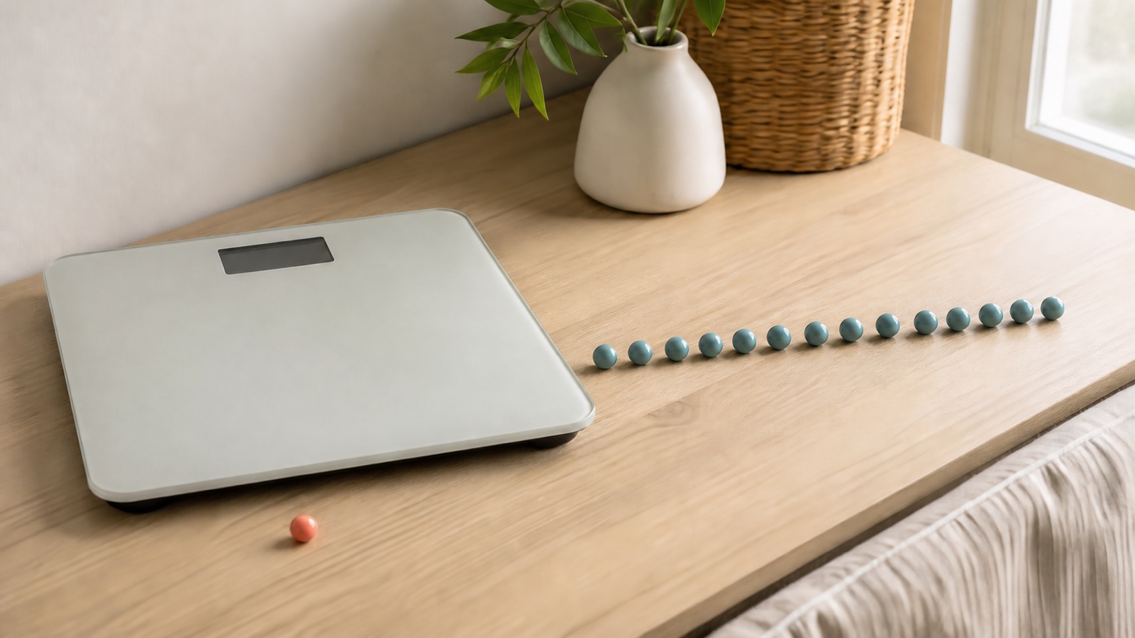 A bathroom scale with one highlighted marker beside a calm sequence of fourteen measurement points showing that one reading is not a trend.