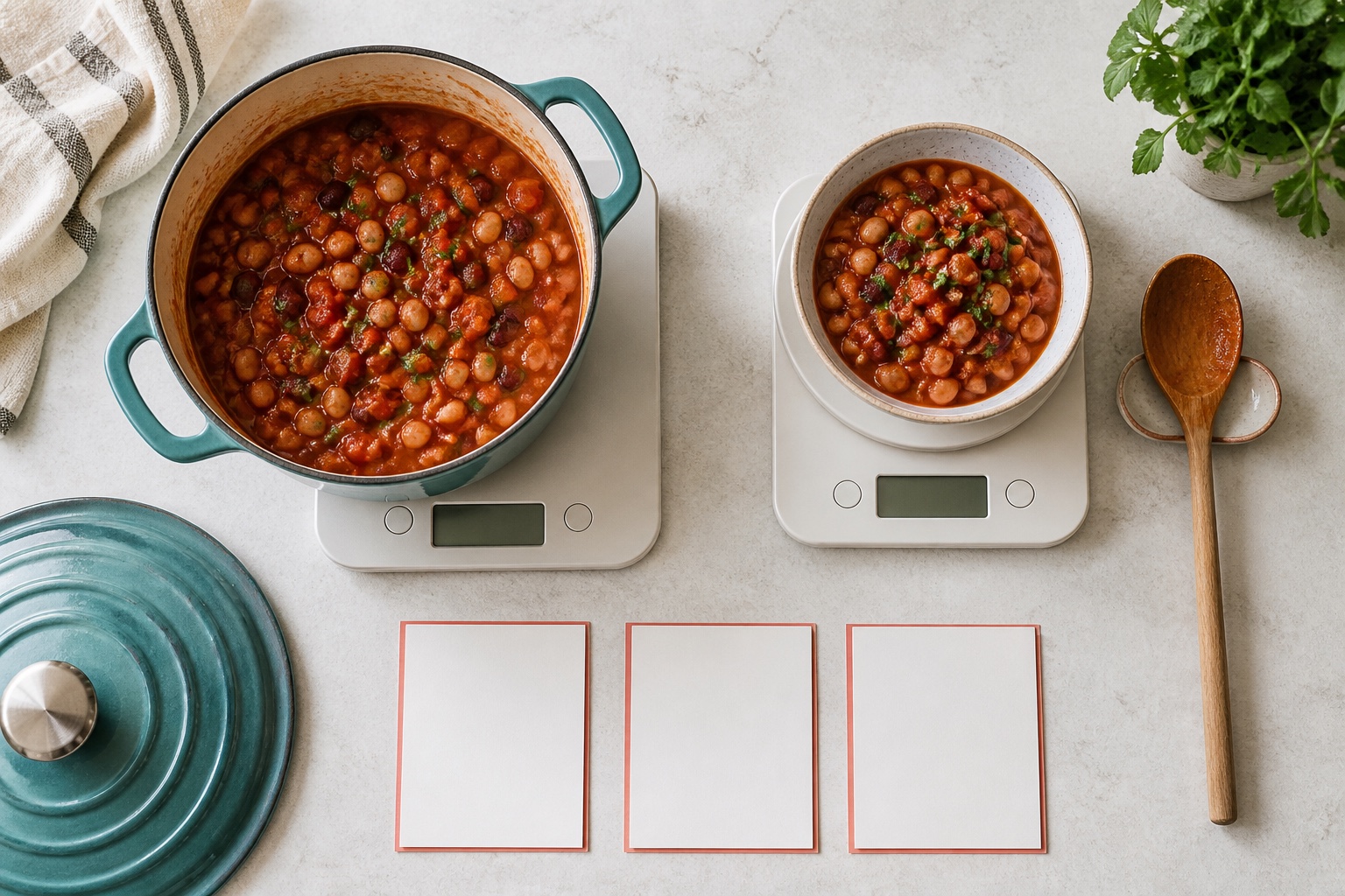 A finished pot of tomato-bean stew and one serving sit on separate kitchen scales above three blank calculation cards.