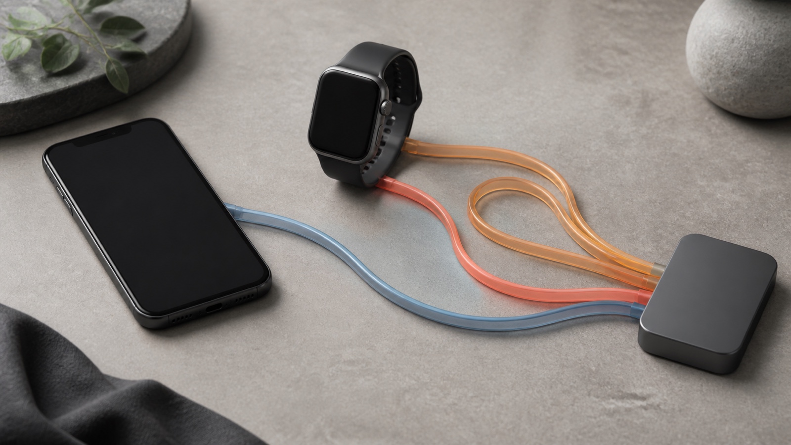 A phone and smartwatch connected by separate activity and total-calorie paths, with one duplicated path highlighted before the numbers reach a calculator.
